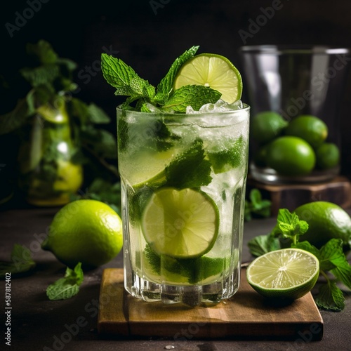 Mojito cocktail with lime and mint Generative AI