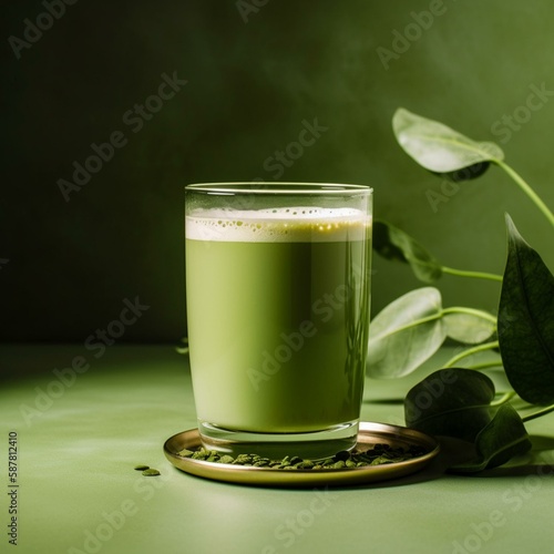 Matcha green tea latte in a glass on green yellow background. Healthy vegan drink with plant based milk. Generative AI