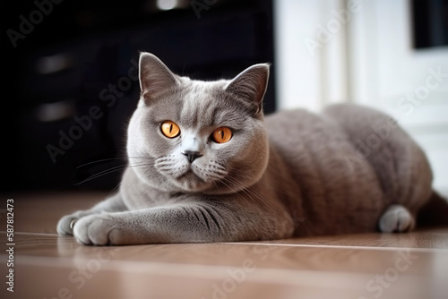 An image depicting a British Shorthair cat in a relaxed pose on the floor