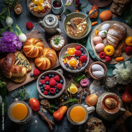 Rustic easter breakfast flat lay with eggs bagels, tulips, croissants, egg, oatmeal with berries, colored quail eggs and spring holidays decorations. Top .. Generative AI