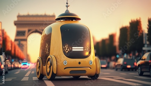 Selbstfahrendes Postauto oder Taxi in einer Stadt wie Paris. Neues KI Transportmittel. Auto mit künstlicher Intelligenz. Generative KI