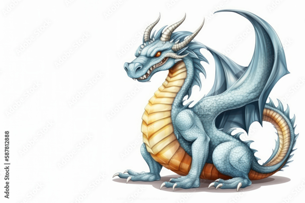 features a majestic blue dragon on a white background with space ...