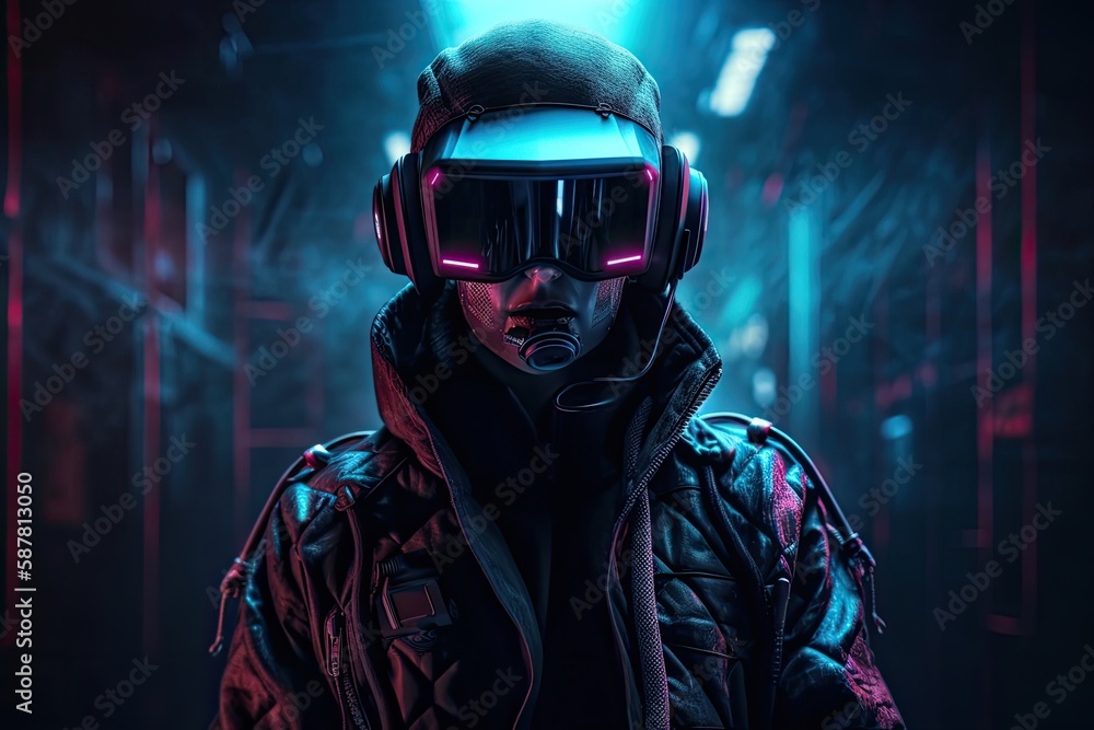 man wearing a helmet and goggles in a dark room, ready for action. Generative AI