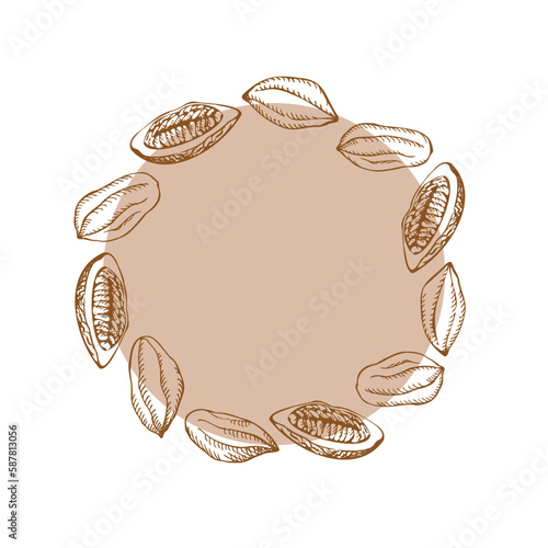 Wreath frame with cocoa seeds. Beige background. Bunch of cocoa beans, cocoa fruit harvest, symbol. The branches are drawn by hand. Ornament for label, logo, emblem, postcard. Design element
