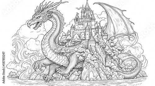 Coloring book of dragon for children and adults. Illustration isolated on white background - Generative AI technology