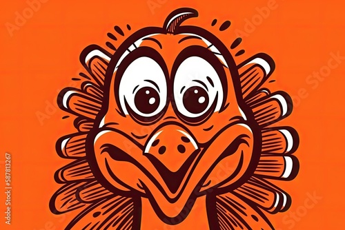cute cartoon turkey with large expressive eyes on a vibrant orange background. Generative AI