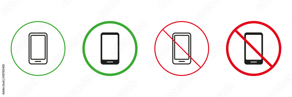 Use Smartphone Rule Red and Green Warning Signs. Telephone, Cellphone Line and Silhouette Icons Set. Allowed and Prohibited Use Mobile Phone Pictogram. Isolated Vector Illustration Use Smartphone Rule Red and Green Warning Signs. Telephone, Cellphone Line and Silhouette Icons Set. Allowed and Prohibited Use Mobile Phone Pictogram. Isolated Vector Illustration