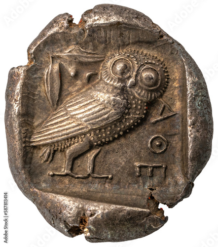 antike griechische Münze: Eule, Käuzchen mit Schriftzeichen
