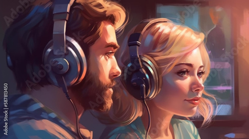 Beautiful girl wearing headphones listens to music with her beautiful boyfriend, enjoying it created with generative AI technology