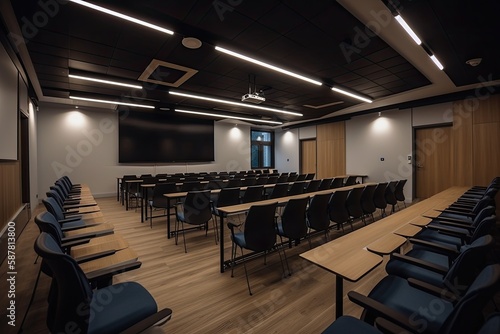 conference room with a projector screen and chairs. Generative AI