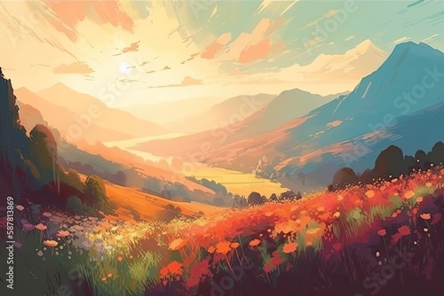 vibrant sunset over a blooming field of wildflowers. Generative AI