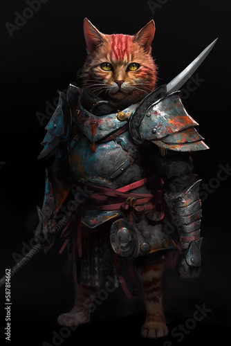 The cat warrior epic pose, generative AI
