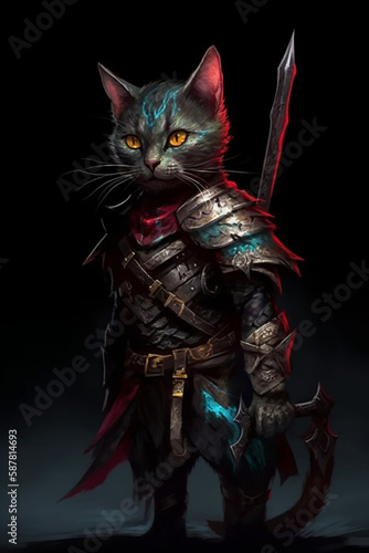 The cat warrior epic pose, generative AI