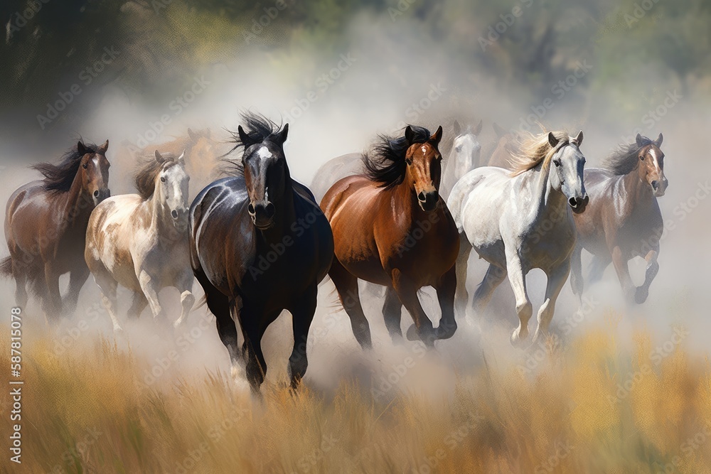 Group of horses galloping across a beautiful meadow Generative AI Group of horses galloping across a beautiful meadow Generative AI