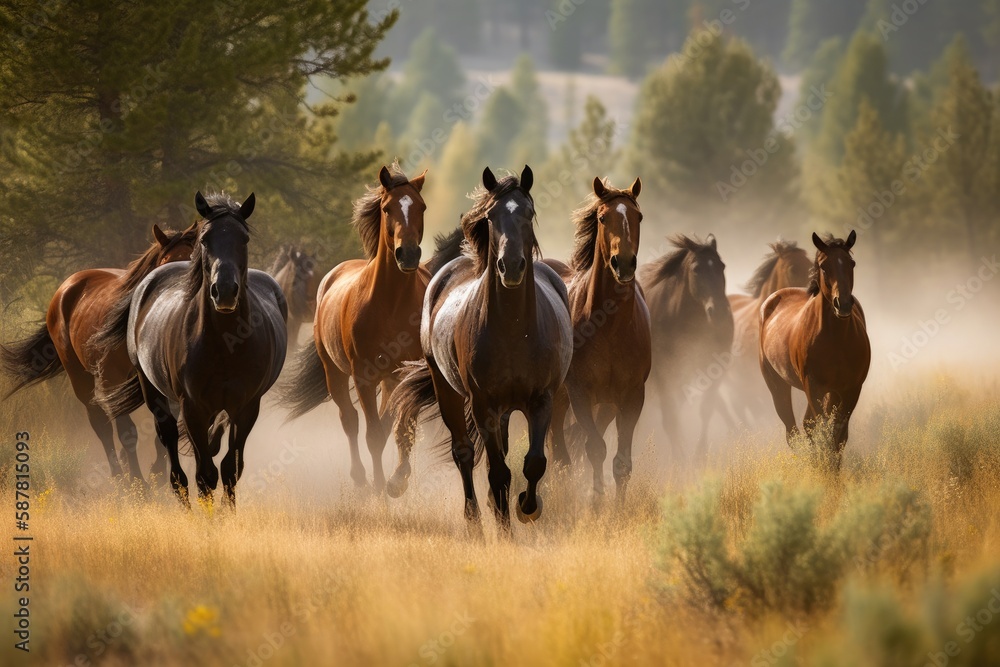 Group of horses galloping across a beautiful meadow Generative AI Group of horses galloping across a beautiful meadow Generative AI