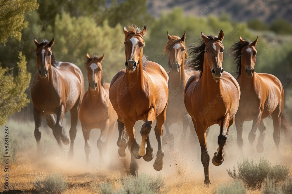 Group of horses galloping across a beautiful meadow Generative AI Group of horses galloping across a beautiful meadow Generative AI