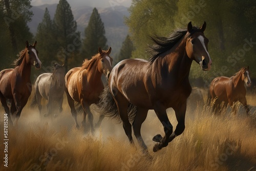 Group of horses galloping across a beautiful meadow Generative AI