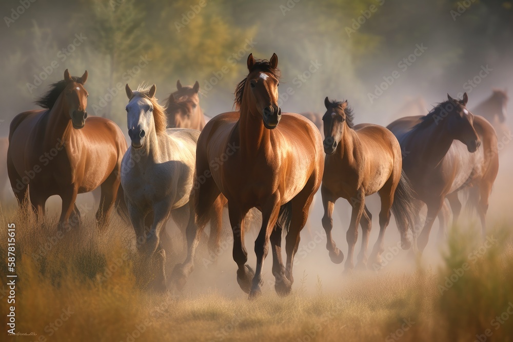 Group of horses galloping across a beautiful meadow Generative AI Group of horses galloping across a beautiful meadow Generative AI