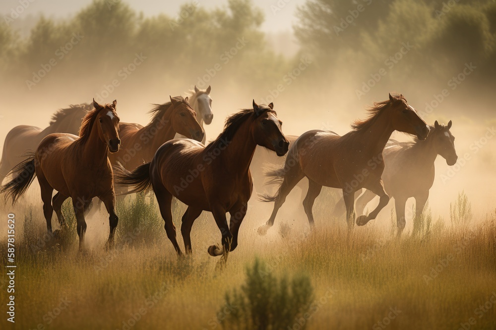 Group of horses galloping across a beautiful meadow Generative AI