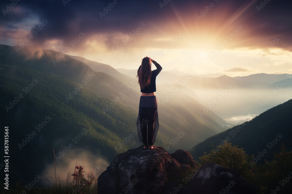 Obraz premium Beautiful fitness woman practice yoga exercises on top of mountain in wonderful place. Relaxing meditation and visualization. Realistic art generated by AI