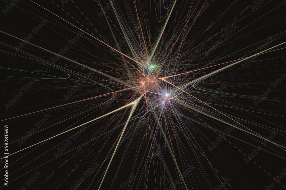 Obraz premium Multicolored pattern of crooked rays on a black background. Abstract fractal 3D rendering