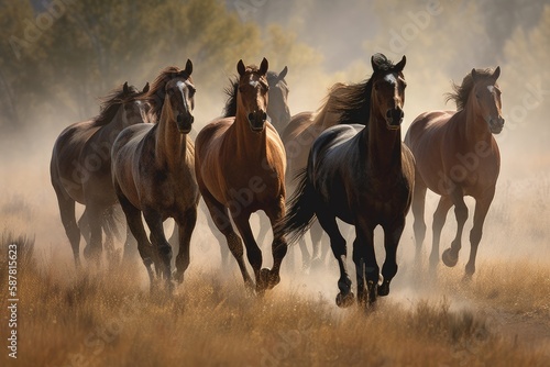 Group of horses galloping across a beautiful meadow Generative AI © ChaoticMind