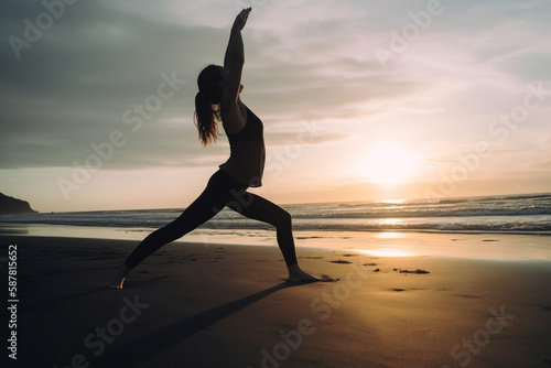 Beautiful fitness woman practice yoga exercises on sand ocean beach in wonderful place. Relaxing fitness meditation. Warm sunset. Realistic art generated by AI