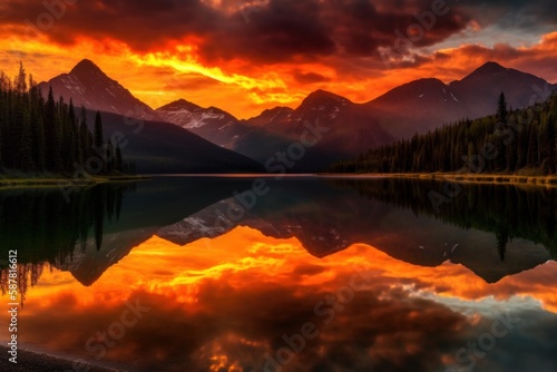 sunset clouds and mountains reflections in a lake