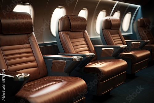 Interior of an airplane with leather seats 3D rendering Generative AI © hardqor4ik