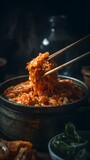 Hand Using Chopsticks to Pick Up Kimchi from a bowl, Korean Fermented Vegetables Side Dish. Generative ai
