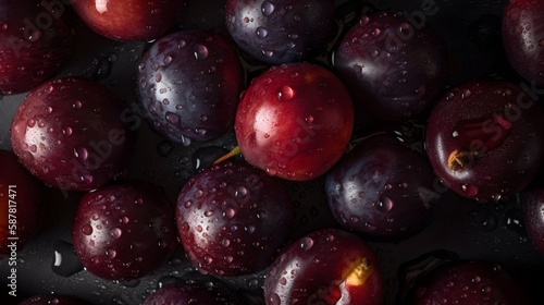 Plums with Water Droplet on Black Background, summer fruits. Generative ai