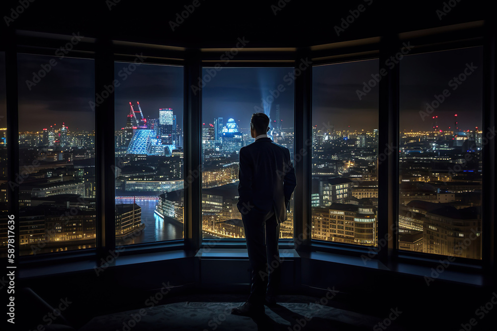Fototapeta premium Businessman looking at city through window. Generative Ai.