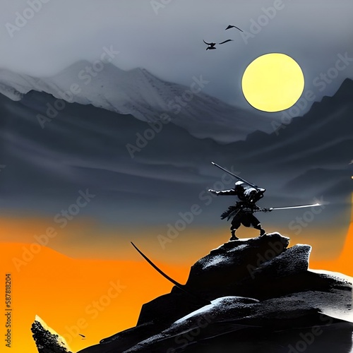Japanese style ink sumi painting of ninja standing on cliff edge and giant sun, digital painting