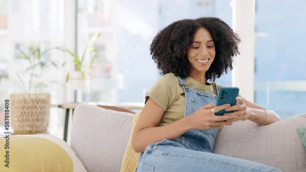 Happy, woman and scroll on smartphone couch and lounge for reading social media post, online chat and search. Young female typing on cellphone in house, smile and download mobile games, relax or text Happy, woman and scroll on smartphone couch and lounge for reading social media post, online chat and search. Young female typing on cellphone in house, smile and download mobile games, relax or text