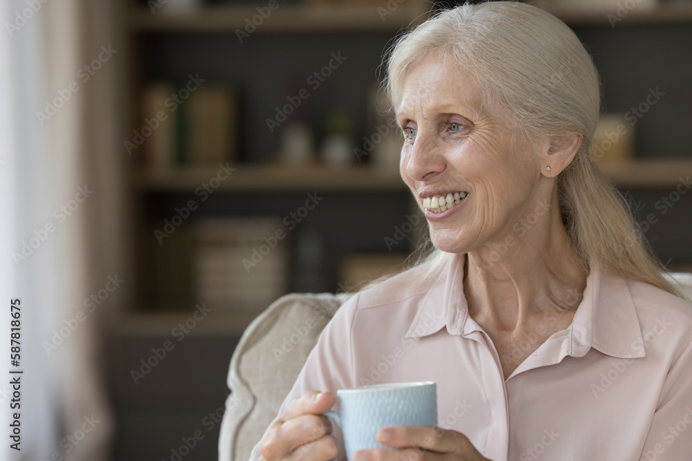 Positive older senior woman drinking hot coffee, tea at home, enjoying good morning, sitting on couch in cozy living room, holding ceramic mug, cup of tea, smiling. Head shot portrait Positive older senior woman drinking hot coffee, tea at home, enjoying good morning, sitting on couch in cozy living room, holding ceramic mug, cup of tea, smiling. Head shot portrait