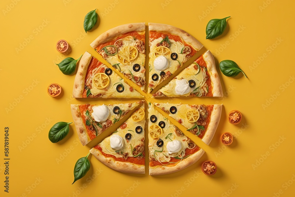 Pizza with mozzarella cheese and olives on yellow background. Generative AI