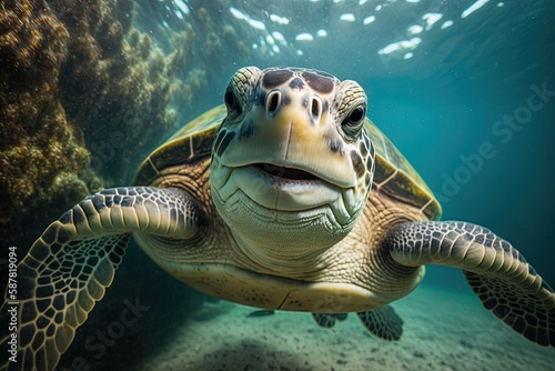 Hawaiian Green Sea Turtle (Chelonia mydas). Generative AI