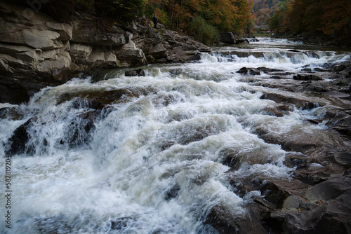 Beautiful powerful Probiy waterfall  Prut river  Yaremche city  Ukraine