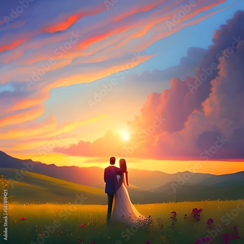 illustration painting of lover on the meadow looking at the sunset, digital art style