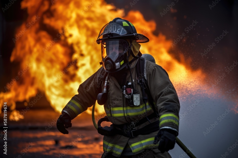 Firefighter battling a blaze with water. The image conveys a sense of courage, bravery, and the importance of public safety Generative AI Firefighter battling a blaze with water. The image conveys a sense of courage, bravery, and the importance of public safety Generative AI
