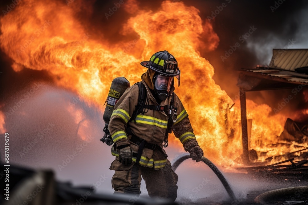Naklejka premium Firefighter battling a blaze with water. The image conveys a sense of courage, bravery, and the importance of public safety Generative AI