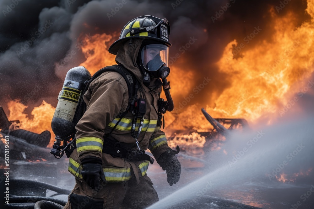 Firefighter battling a blaze with water. The image conveys a sense of courage, bravery, and the importance of public safety Generative AI Firefighter battling a blaze with water. The image conveys a sense of courage, bravery, and the importance of public safety Generative AI