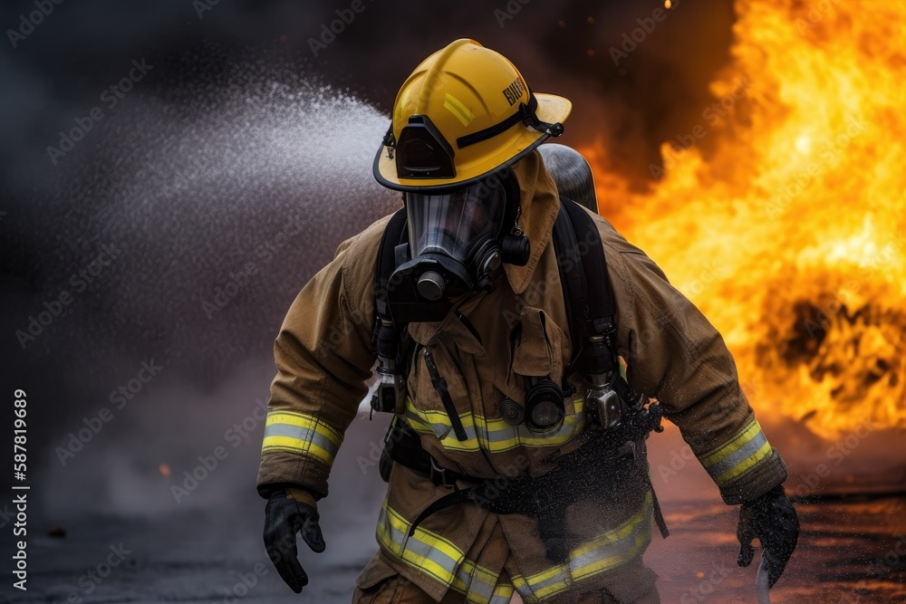Obraz premium Firefighter battling a blaze with water. The image conveys a sense of courage, bravery, and the importance of public safety Generative AI