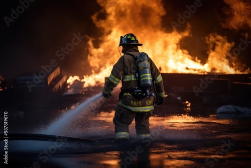 Firefighter battling a blaze with water. The image conveys a sense of courage, bravery, and the importance of public safety Generative AI © ChaoticMind