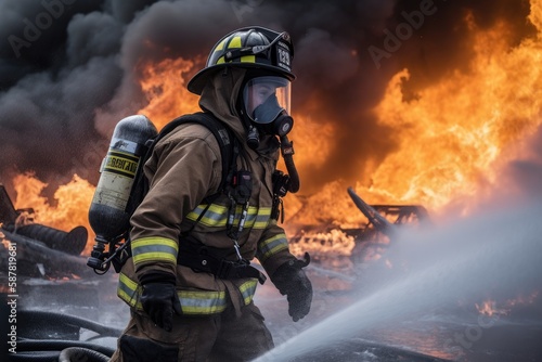 Firefighter battling a blaze with water. The image conveys a sense of courage, bravery, and the importance of public safety Generative AI © ChaoticMind