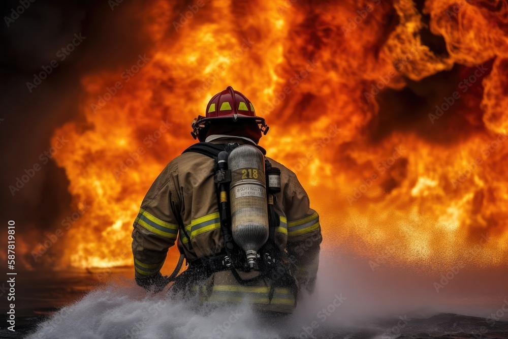 Firefighter battling a blaze with water. The image conveys a sense of courage, bravery, and the importance of public safety Generative AI Firefighter battling a blaze with water. The image conveys a sense of courage, bravery, and the importance of public safety Generative AI
