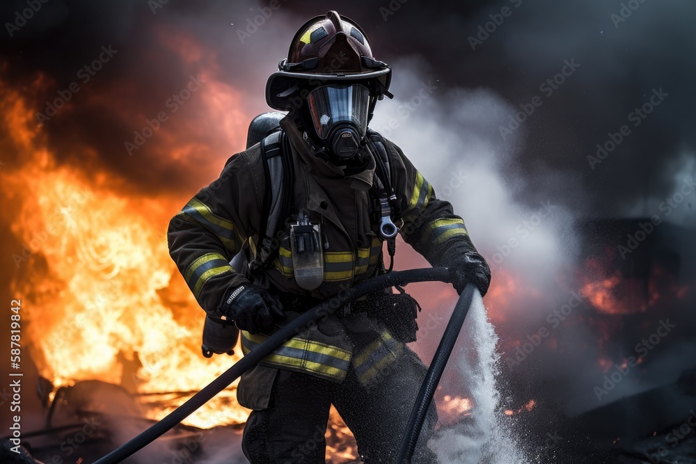 Obraz premium Firefighter battling a blaze with water. The image conveys a sense of courage, bravery, and the importance of public safety Generative AI
