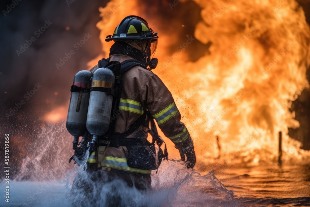Firefighter battling a blaze with water. The image conveys a sense of courage, bravery, and the importance of public safety Generative AI Firefighter battling a blaze with water. The image conveys a sense of courage, bravery, and the importance of public safety Generative AI