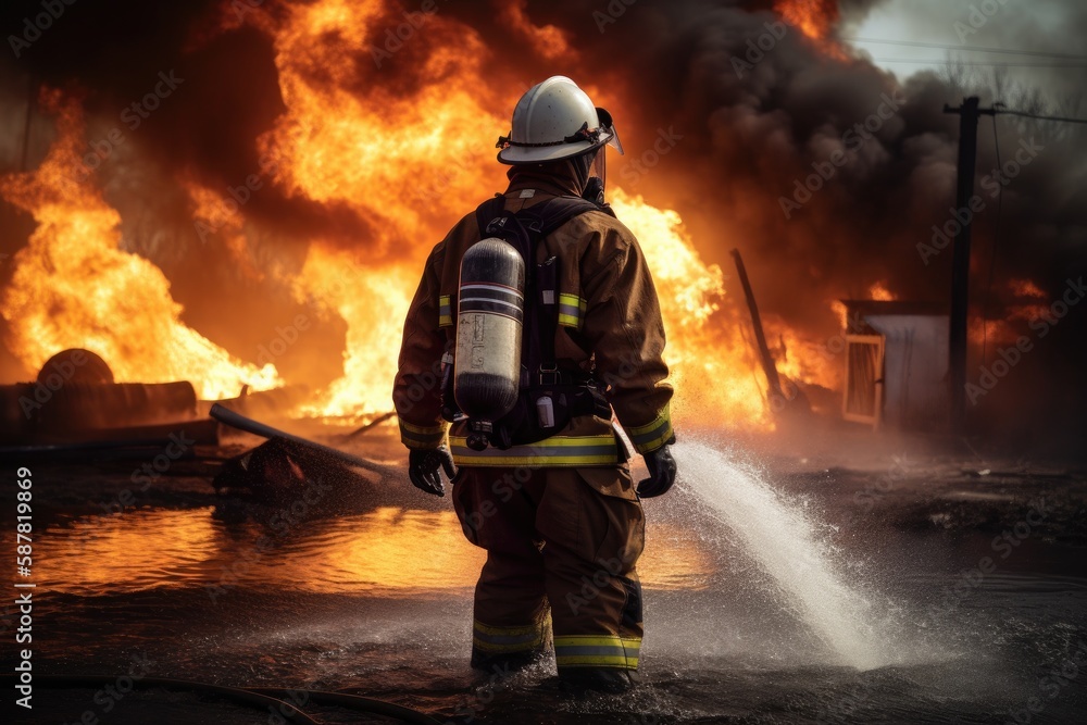 Firefighter battling a blaze with water. The image conveys a sense of courage, bravery, and the importance of public safety Generative AI Firefighter battling a blaze with water. The image conveys a sense of courage, bravery, and the importance of public safety Generative AI