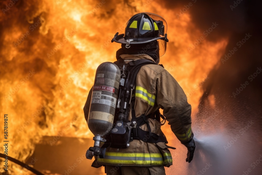 Firefighter battling a blaze with water. The image conveys a sense of courage, bravery, and the importance of public safety Generative AI Firefighter battling a blaze with water. The image conveys a sense of courage, bravery, and the importance of public safety Generative AI